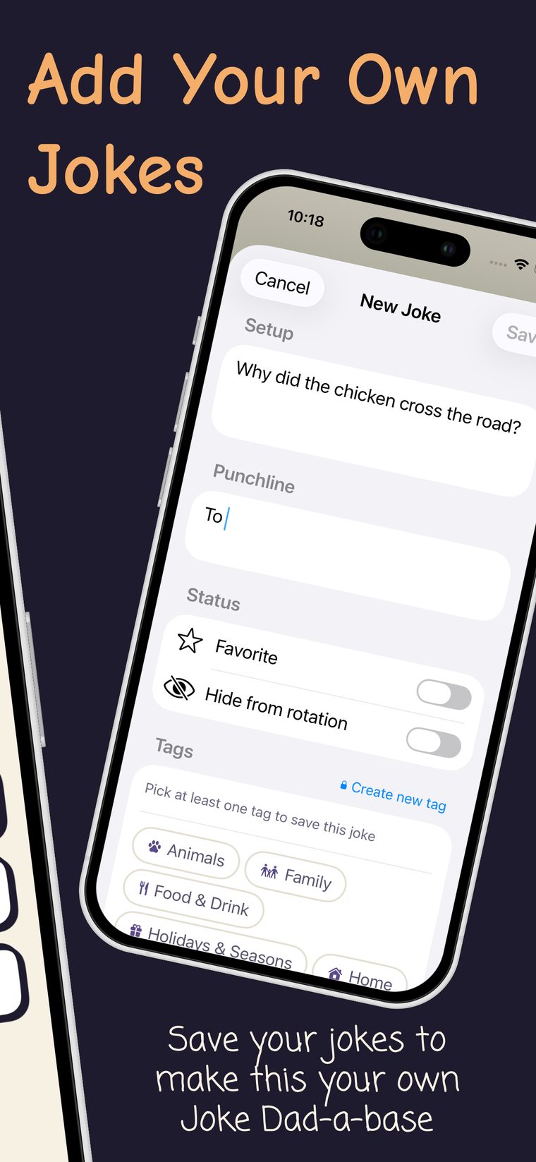 Adding your own joke with setup, punchline, and tags