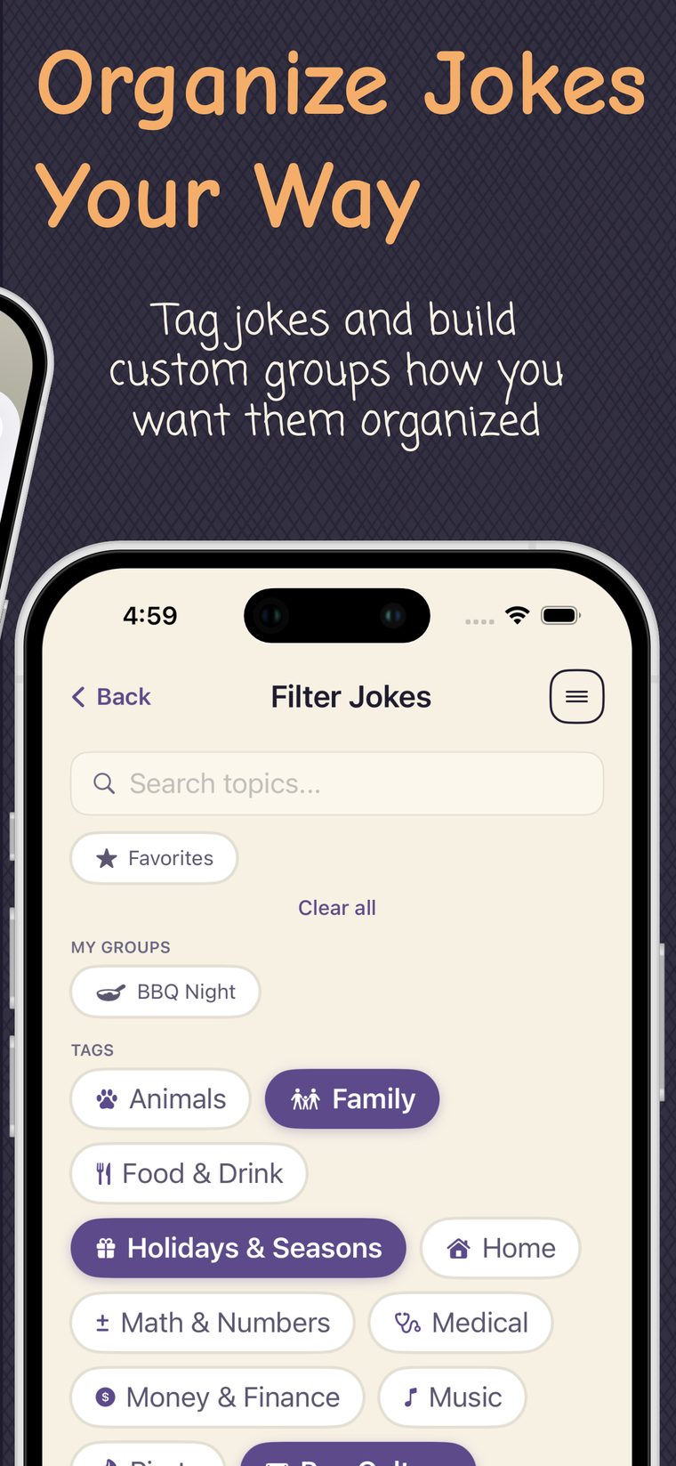 Filter jokes by topic, favorites, and custom groups